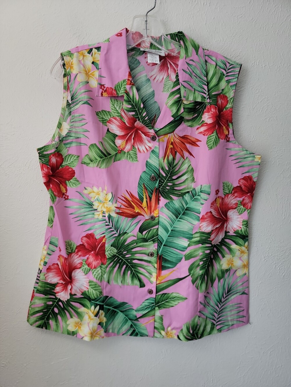 Hawaiian Sleeveless Pink Cotton Tropical Floral Button-Up Shirt Nwot